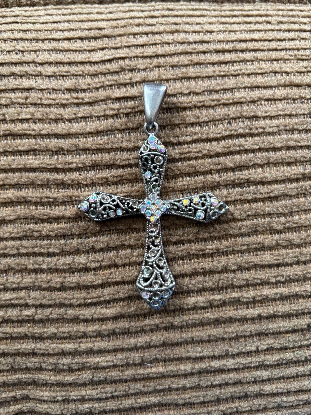 Sterling Silver Filigree Cross Pendant with Iridescent Crystals - Silver